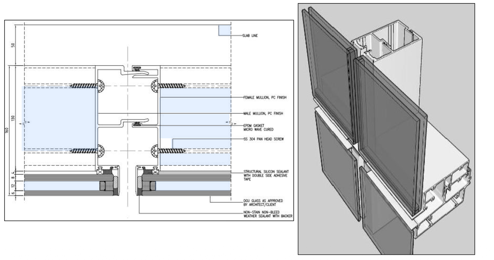 Unitized curtain wall fixing detail from the Aesthetic Facade profile